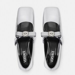 Versace Silver Flats Metallic Mary Jane Bow Open Toe Square Medusa 9 Party  🟡